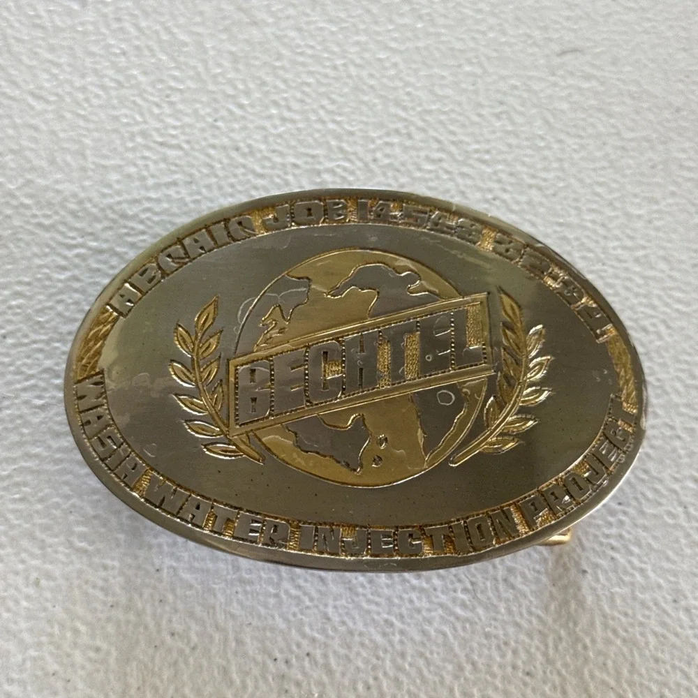 Vtg 1982-84 Bechtel Silver Gold Tone Belt Buckle Wasia Water Injection Project